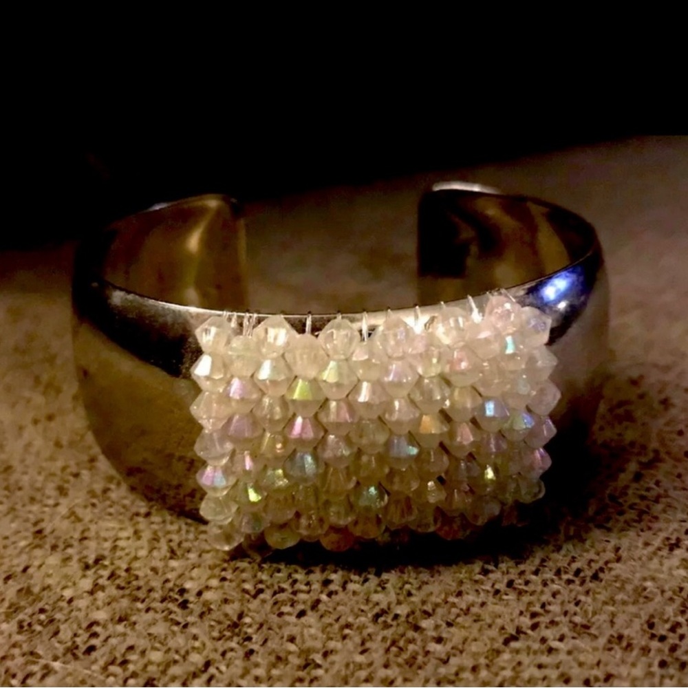 Aurora Borealis Geometric Square Beaded Large Thick Stainless Steel Cuff Bangle
